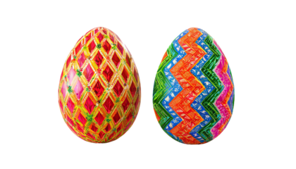 Easter eggs with colorful geometric pattern on transparent background.