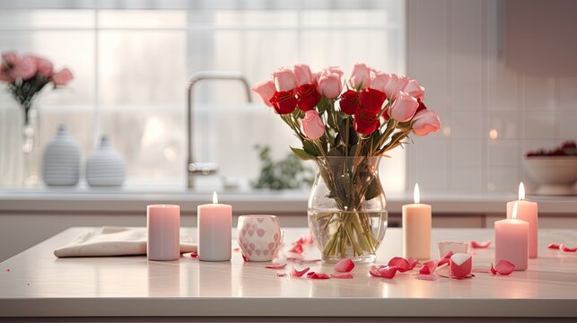 a kitchen table adorned with heart decorations, featuring a close-up of a bouquet of roses and burning candles, capturing the essence of Valentine's Day celebrations in a minimalist modern style.