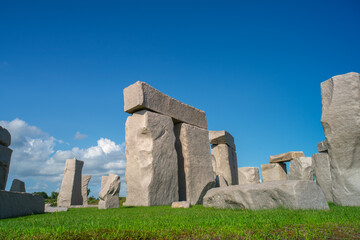 Sapporo, Ishikari Subprefecture, Hokkaido, Japan - August 21, 2023 - Scene of Stonehenge replica in Makomanai Takino Cemetery