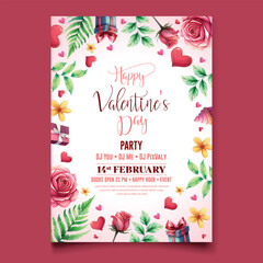 Vector illustration Watercolor Happy Valentine's day party celebration poster template  | Valentine Birthday Invitation | with Rose flower , red heart and golden frame .