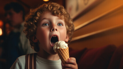 Closeup up portrait of a curly little boy preparing to lick an ice cream against blurred city park street background