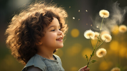 Closeup portrait of a little curly boy blowing a dandelion flower against the meadow