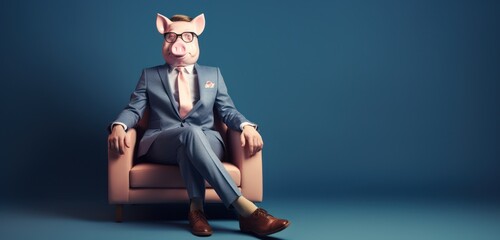 Un homme avec une tête de cochon assis sur un fauteuil, image avec espace pour texte