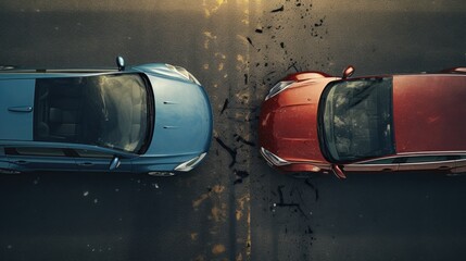 Two car collision top view angle of road and automobile, car insurance concept