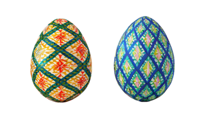 Easter eggs with colorful geometric pattern on transparent background.