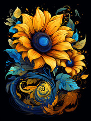 T-shirt design, a radiant sunflower, using swirling strokes of vibrant yellows and deep blues to capture both the physical form and the emotional resonance of the bloom created with Generative Ai