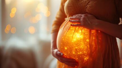 magic  of life concept with mid section shot of woman holding her glowing pregnant belly - obrazy, fototapety, plakaty