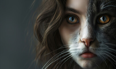 Portrait face mix between woman and cat - Powered by Adobe