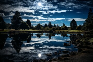 Fototapeta premium Tranquil moonlit ponds, reflecting the serenity of the night sky - Generative AI