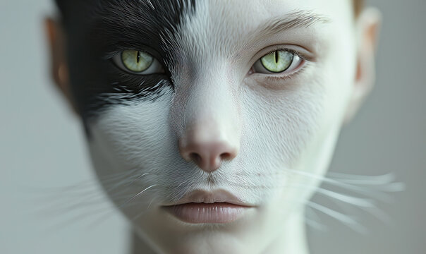 Portrait face mix between woman and cat
