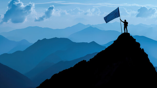 Silhouette of man holding blue flag on mountain top in sign of success and achievement