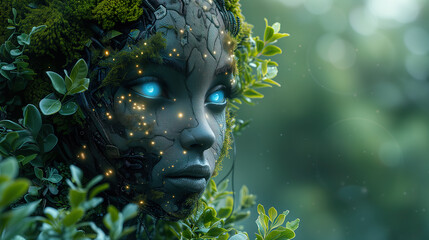 Biotechnology, Green technology advancement concept, technology and nature symbiosis concept with portrait of human like being mixed with green plants and cable wirings
