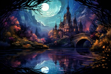 Fototapeta premium Tranquil moonlit ponds, reflecting the serenity of the night sky - Generative AI