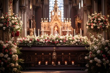 A casket adorned with numerous blooms and lights in a stunning church service.