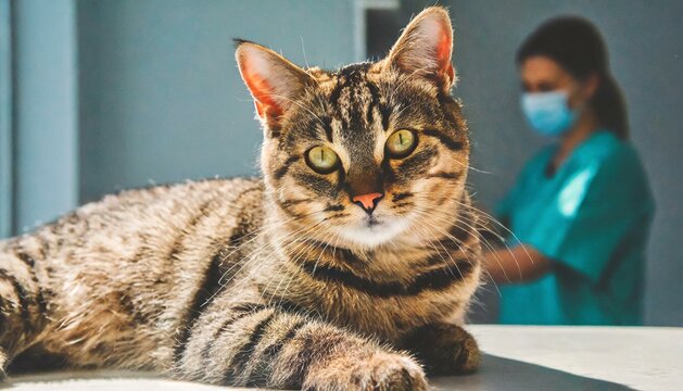 cute tabby cat sitting on vet's examination table, 16:9 widescreen background / wallpaper	
