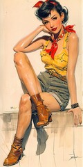 Obraz na płótnie Canvas Beautiful rockabilly woman, short hair, tomboy but pronounced feminine features, hillbilly shorts, boots, sleeveless, hand drawn painting