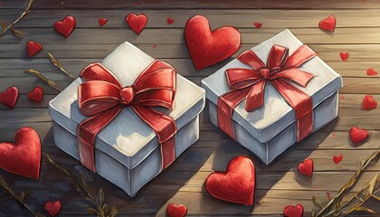 valentine day composition white gift boxes with bow and red felt hearts photo template background top view view from above