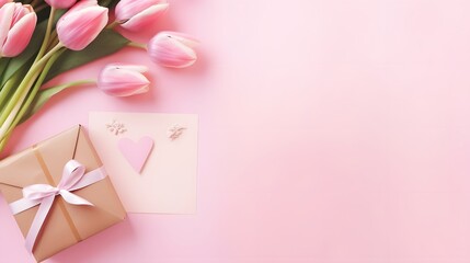 Obraz na płótnie Canvas Women Day, Mother day background with envelope, gift box and beautiful spring tulip flowers on pastel pink desk. Flat lay.