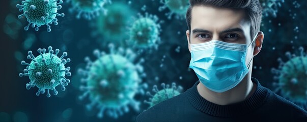 Man in a medical mask against covid-19 virus. Covid-19 theme. - obrazy, fototapety, plakaty