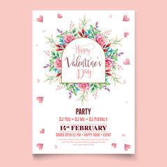 Vector illustration Watercolor Happy Valentine's day party celebration poster template  | Valentine Birthday Invitation | with Rose flower , red heart and golden frame .