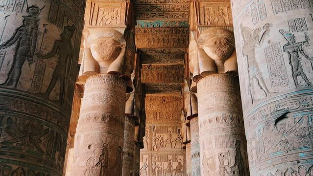 The ruins of the Egyptian temple complex Dendera. Museum in Egypt. Hathor Temple. The Denderian zodiac. The complex is a mixture of ruined temples, chapels, pylons and other buildings. Egypt 2022. 4K
