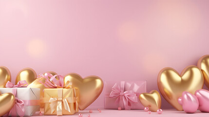 Fototapeta premium Happy valentines, 3D wallpaper decorated with elegant red roses with light pink, red, and white hearts with some gifts and balloons, copy space