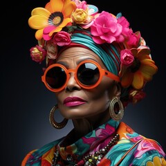 a african elderly Woman model in colorful glasses, in the style of pop art influence