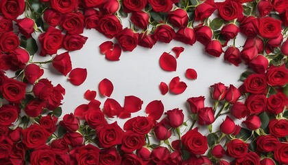 Multitude of red roses and petals frame on polished white table 