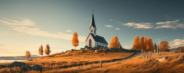 Poster Beautiful church in amazing breathtaking landscape © Filip