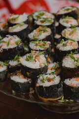 close up of fried salmon sushi