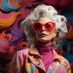 Fototapeta premium a elderly Woman model in colorful glasses, in the style of pop art influence