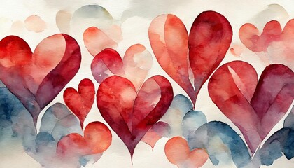 seamless watercolor header with red hearts on the white background valentine s day border hand drawn wedding illustration romantic background - obrazy, fototapety, plakaty