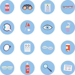 Concept optometry icon set, medical health care flat vector illustration, isolated on blue, concept eye problem treatment. Therapeutic ophthalmologist doctor stuff, healthcare monitoring.