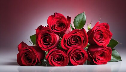 Obraz premium Frintview of a red roses bouquet on white marble table, red background 