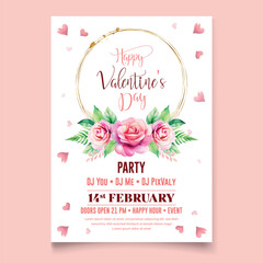 Vector illustration Watercolor Happy Valentine's day party celebration poster template  | Valentine Birthday Invitation | with Rose flower , red heart and golden frame .