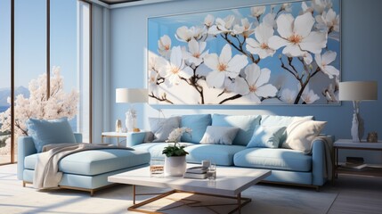 A modern living room with blue furniture and a large painting. Generative AI.