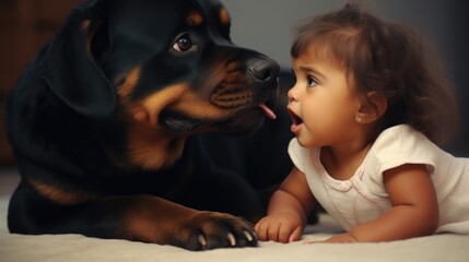 A friendly Rottweiler dog lovingly licks a baby girl, creating a heartwarming moment. Generative AI. - obrazy, fototapety, plakaty