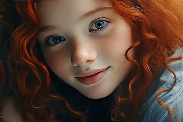 Fototapeta premium portrait of a red-haired young girl with blue eyes, looking at the camera