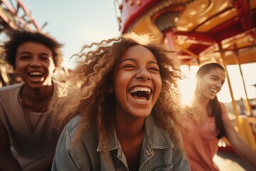 Naklejka premium Three girls enjoying a thrilling roller coaster ride, filled with laughter and excitement. Generative AI.