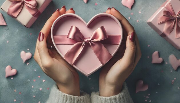 close up on female hands holding a gift in a pink heart presents for valentine day birthday mother s day flat lay symbol of love valentines day background with a gift boxes on concrete board