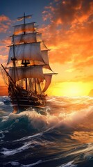 Fototapeta premium An old sailing ship glides through the golden hues of a sunset on the open ocean. Generative AI.