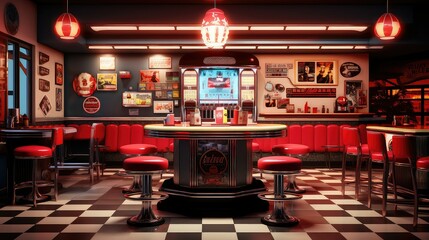 s retro restaurant background illustration s soda, jukebox neon, vinyl checkered s retro restaurant background
