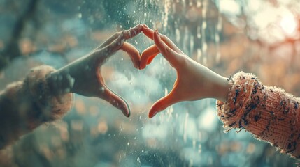 Creative Image for Affection and Partnership. Embrace Yourself. Unattached Individual making a Heart Gesture on the Reflective Surface. Surround Yourself with Love on Valentine's Day. - Powered by Adobe