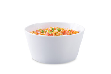 Tomato and eggs stir fry on a white isolated background