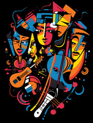 T-shirt design, a highly stylized jazz band in full swing, captured in the vibrant created with Generative Ai