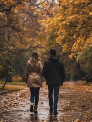 A snapshot of youthful couple strolling in a park during fall season.