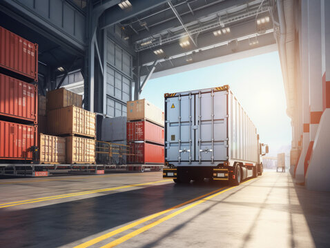 Logistics Efficiency with a Truck Loading at Cargo Bay. Semi truck being loaded at cargo bay in industrial warehouse area