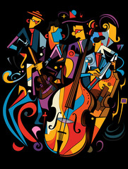 T-shirt design, a highly stylized jazz band in full swing, captured in the vibrant created with Generative Ai