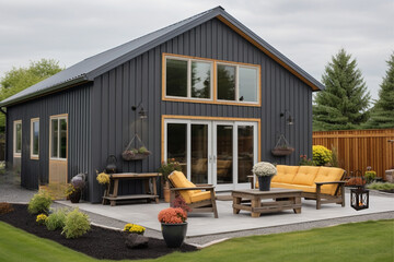 Modern Warmth: Cozy Gray and Yellow Barndominium Cabin Exterior