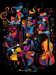 T-shirt design, a highly stylized jazz band in full swing, captured in the vibrant created with Generative Ai